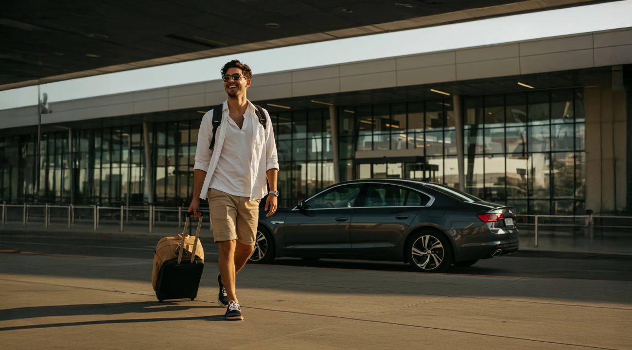 Private airport transfer service Traveler waiting for private transfer with suitcase at airport terminal, luxury vehicle ready in background
